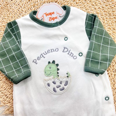 Macacão Trape Zape - Pequeno Dino - Off White e Verde Musgo